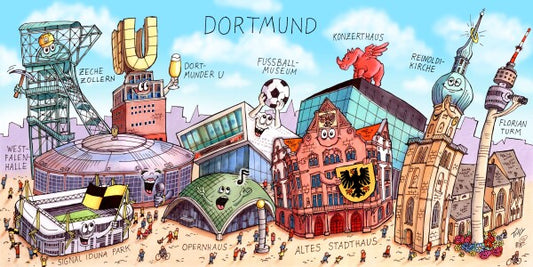 Jacques Tilly Dortmund Stadtbild mit Sehenswürdigkeiten von Dortmund. Acrylglas Bild mit Alu-Rückrahmen.