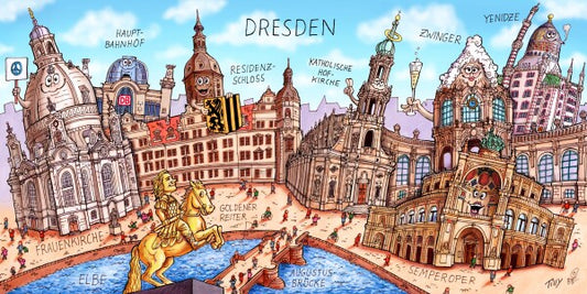 Jacques Tilly Dresden Stadtbild mit Sehenswürdigkeiten von Dresden. Leinwand Bild auf Holzrahmen gespannt.