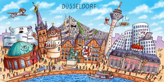 Jacques Tilly Düsseldorf Stadtbild mit Sehenswürdigkeiten von Düsseldorf. Acrylglas Bild mit Alu-Rückrahmen.