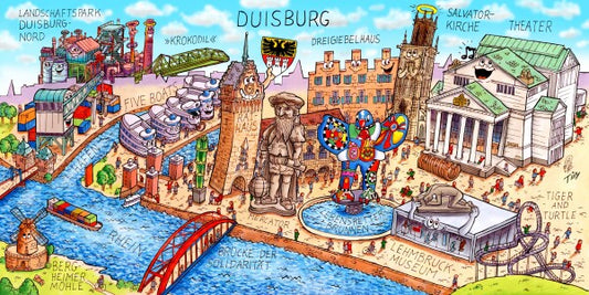 Jacques Tilly Duisburg Stadtbild mit Sehenswürdigkeiten von Duisburg. Leinwand Bild auf Holzrahmen gespannt.