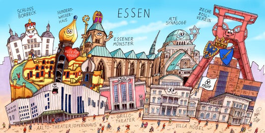 Jacques Tilly Essen Stadtbild mit Sehenswürdigkeiten von Essen. Acrylglas Bild mit Alu-Rückrahmen.
