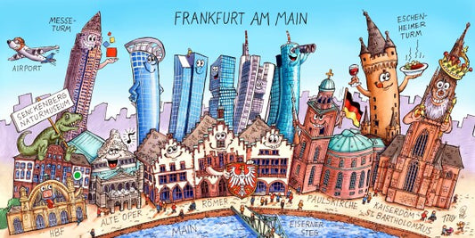 Jacques Tilly Frankfurt am Main Stadtbild mit Sehenswürdigkeiten von Frankfurt. Acrylglas Bild mit Alu-Rückrahmen.