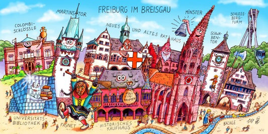 Jacques Tilly Freiburg im Breisgau Stadtbild mit Sehenswürdigkeiten von Freiburg. Acrylglas Bild mit Alu-Rückrahmen.