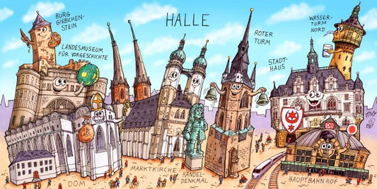 Jacques Tilly Halle an der Saale Stadtbild mit Sehenswürdigkeiten von Halle. Acrylglas Bild mit Alu-Rückrahmen.