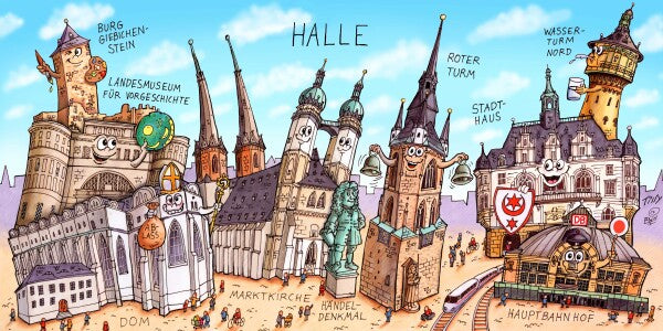 Jacques Tilly Halle an der Saale Stadtbild mit Sehenswürdigkeiten von Halle. Leinwand Bild auf Holzrahmen gespannt.