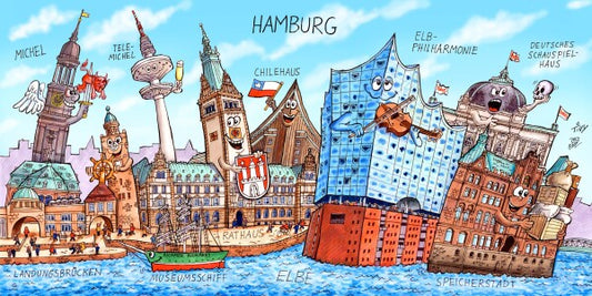 Jacques Tilly Hamburg Stadtbild mit Sehenswürdigkeiten von Hamburg. Leinwand Bild auf Holzrahmen gespannt.