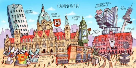 Jacques Tilly Hannover Stadtbild mit Sehenswürdigkeiten von Hannover. Leinwand Bild auf Holzrahmen gespannt.