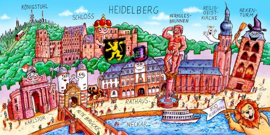 Jacques Tilly Heidelberg Stadtbild mit Sehenswürdigkeiten von Heidelberg. Acrylglas Bild mit Alu-Rückrahmen.