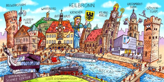 Jacques Tilly Heilbronn Stadtbild mit Sehenswürdigkeiten von Heilbronn. Leinwand Bild auf Holzrahmen gespannt.