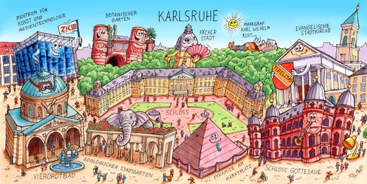 Jacques Tilly Karlsruhe Stadtbild mit Sehenswürdigkeiten von Karlsruhe. Leinwand Bild auf Holzrahmen gespannt.