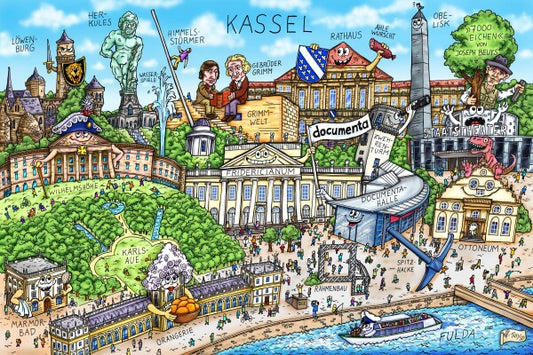 Jacques Tilly Kassel Stadtbild Wimmelbild mit Sehenswürdigkeiten von Kassel. Leinwand Bild auf Holzrahmen gespannt.