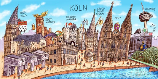 Jacques Tilly Köln Stadtbild mit Sehenswürdigkeiten von Köln. Acrylglas Bild mit Alu-Rückrahmen.