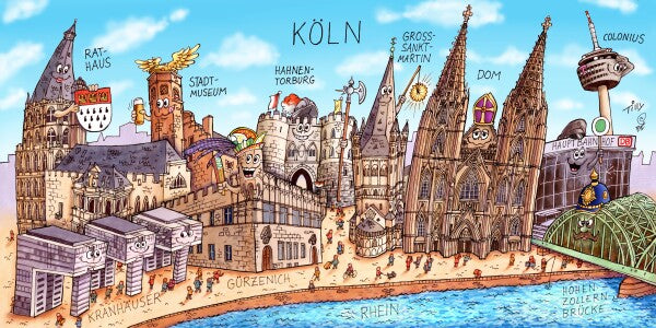 Jacques Tilly Köln Stadtbild mit Sehenswürdigkeiten von Köln. Leinwand Bild auf Holzrahmen gespannt.