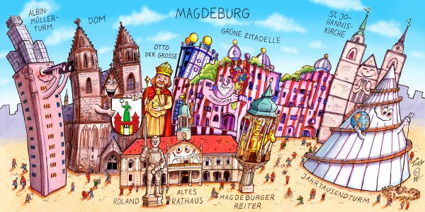Jacques Tilly Magedburg Stadtbild mit Sehenswürdigkeiten von Magdeburg. Acrylglas Bild mit Alu-Rückrahmen.