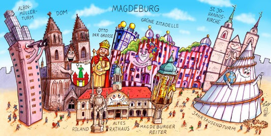 Jacques Tilly Magedburg Stadtbild mit Sehenswürdigkeiten von Magdeburg. Leinwand Bild auf Holzrahmen gespannt.