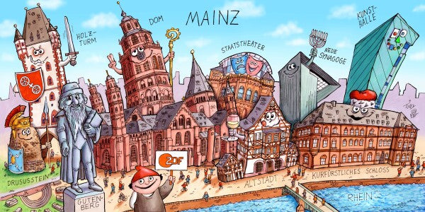 Jacques Tilly Mainz Stadtbild mit Sehenswürdigkeiten von Mainz. Acrylglas Bild mit Alu-Rückrahmen.