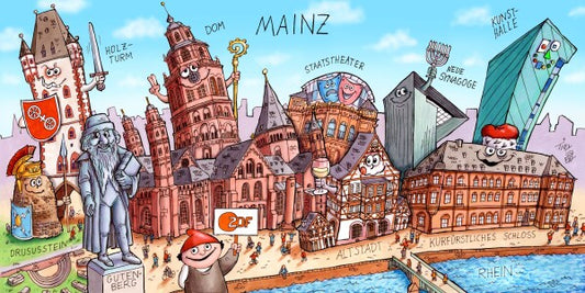 Jacques Tilly Mainz Stadtbild mit Sehenswürdigkeiten von Mainz. Acrylglas Bild mit Alu-Rückrahmen.