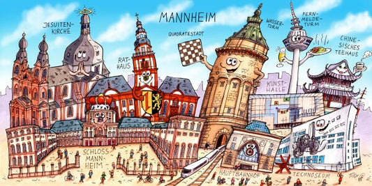 Jacques Tilly Mannheim Stadtbild mit Sehenswürdigkeiten von Mannheim. Leinwand Bild auf Holzrahmen gespannt.