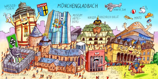 Jacques Tilly Mönchengladbach Stadtbild mit Sehenswürdigkeiten von Mönchengladbach. Acrylglas Bild mit Alu-Rückrahmen.