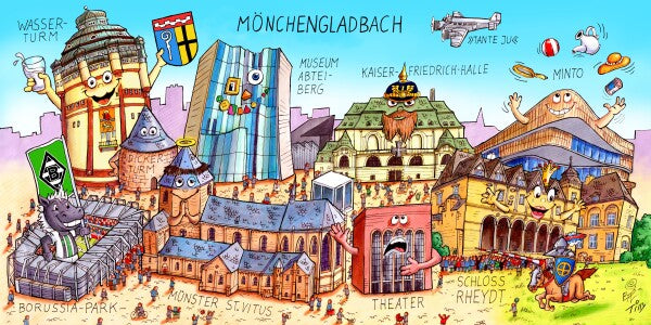acques Tilly Mönchengladbach Stadtbild mit Sehenswürdigkeiten von Mönchengladbach. Leinwand Bild auf Holzrahmen gespannt.