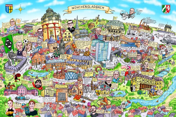 Jacques Tilly Mönchengladbach Stadtbild Wimmelbild mit Sehenswürdigkeiten von Mönchengladbach. Leinwand Bild auf Holzrahmen gespannt.