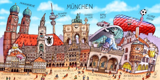 Jacques Tilly München Stadtbild mit Sehenswürdigkeiten von München. Leinwand Bild auf Holzrahmen gespannt.