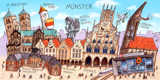 Jacques Tilly Münster Stadtbild mit Sehenswürdigkeiten von Münster. Acrylglas Bild mit Alu-Rückrahmen.