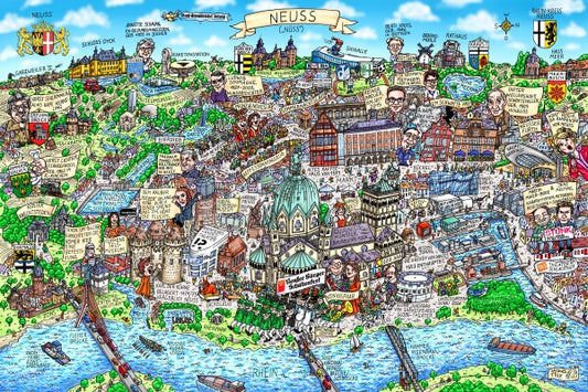 Jacques Tilly Neuss Stadtbild Wimmelbild mit Sehenswürdigkeiten von Neuss. Leinwand Bild auf Holzrahmen gespannt.