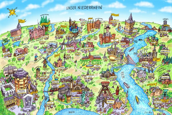Jacques Tilly Niederrhein Wimmelbild mit Sehenswürdigkeiten von Niederrhein. Leinwand Bild auf Holzrahmen gespannt.