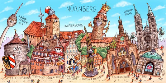 Jacques Tilly Nürnberg Stadtbild mit Sehenswürdigkeiten von Nürnberg. Leinwand Bild auf Holzrahmen gespannt.