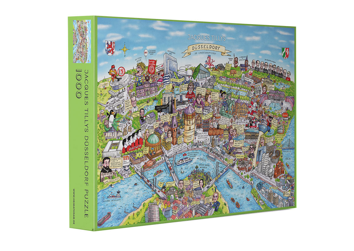 Jacques Tilly Düsseldorf Stadtbild als Puzzle mit den wichtigsten Sehenswürdigkeiten und mit 1.000 Teilen