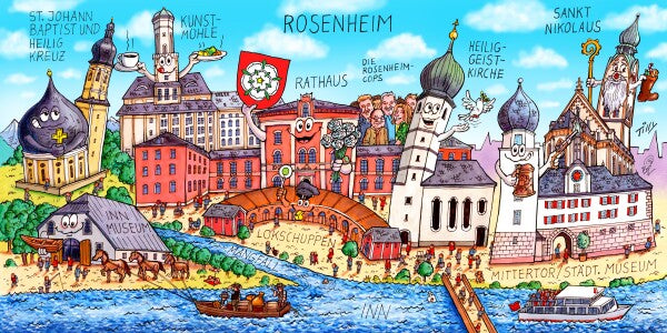 Jacques Tilly Rosenheim Stadtbild mit Sehenswürdigkeiten von Rosenheim. Acrylglas Bild mit Alu-Rückrahmen.