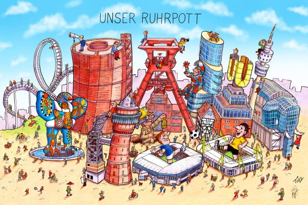 Jacques Tilly Ruhrpott Wimmelbild mit Sehenswürdigkeiten von Ruhrpott. Acrylglas Bild mit Alu-Rückrahmen.