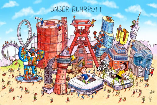 Jacques Tilly Ruhrpott Wimmelbild mit Sehenswürdigkeiten von Ruhrpott. Acrylglas Bild mit Alu-Rückrahmen.