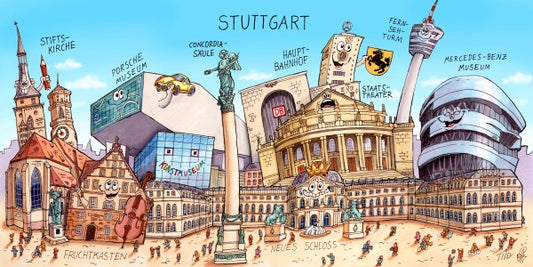 Jacques Tilly Stuttgart Stadtbild mit Sehenswürdigkeiten von Stuttgart. Acrylglas Bild mit Alu-Rückrahmen.