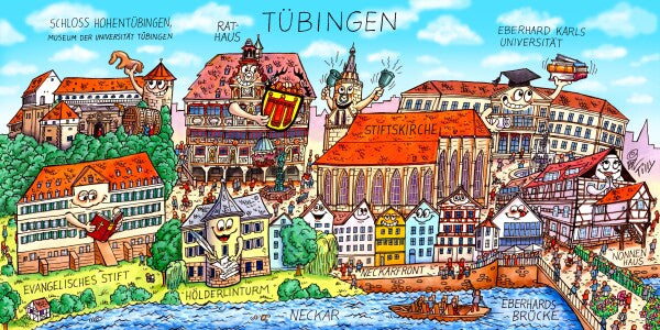 Jacques Tilly Tübingen Stadtbild mit Sehenswürdigkeiten von Tübingen. Acrylglas Bild mit Alu-Rückrahmen.