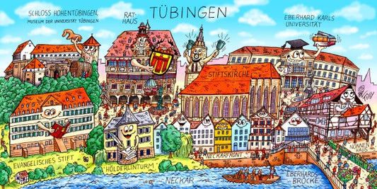 Jacques Tilly Tübingen Stadtbild mit Sehenswürdigkeiten von Tübingen. Leinwand Bild auf Holzrahmen gespannt.