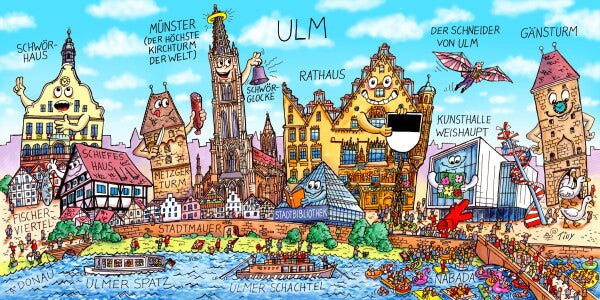 Jacques Tilly Ulm Stadtbild mit Sehenswürdigkeiten von Ulm. Leinwand Bild auf Holzrahmen gespannt.