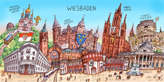 Jacques Tilly Wiesbaden Stadtbild mit Sehenswürdigkeiten von Wiesbaden. Leinwand Bild auf Holzrahmen gespannt.