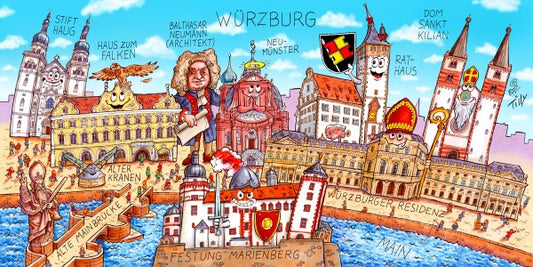 Jacques Tilly Würzburg Stadtbild mit Sehenswürdigkeiten von Würzburg. Leinwand Bild auf Holzrahmen gespannt.