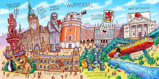 Jacques Tilly Wuppertal Stadtbild mit Sehenswürdigkeiten von Wuppertal. Leinwand Bild auf Holzrahmen gespannt.