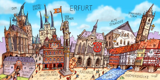 Jacques Tilly Erfurt Stadtbild mit Sehenswürdigkeiten von Erfurt. Leinwand Bild auf Holzrahmen gespannt.