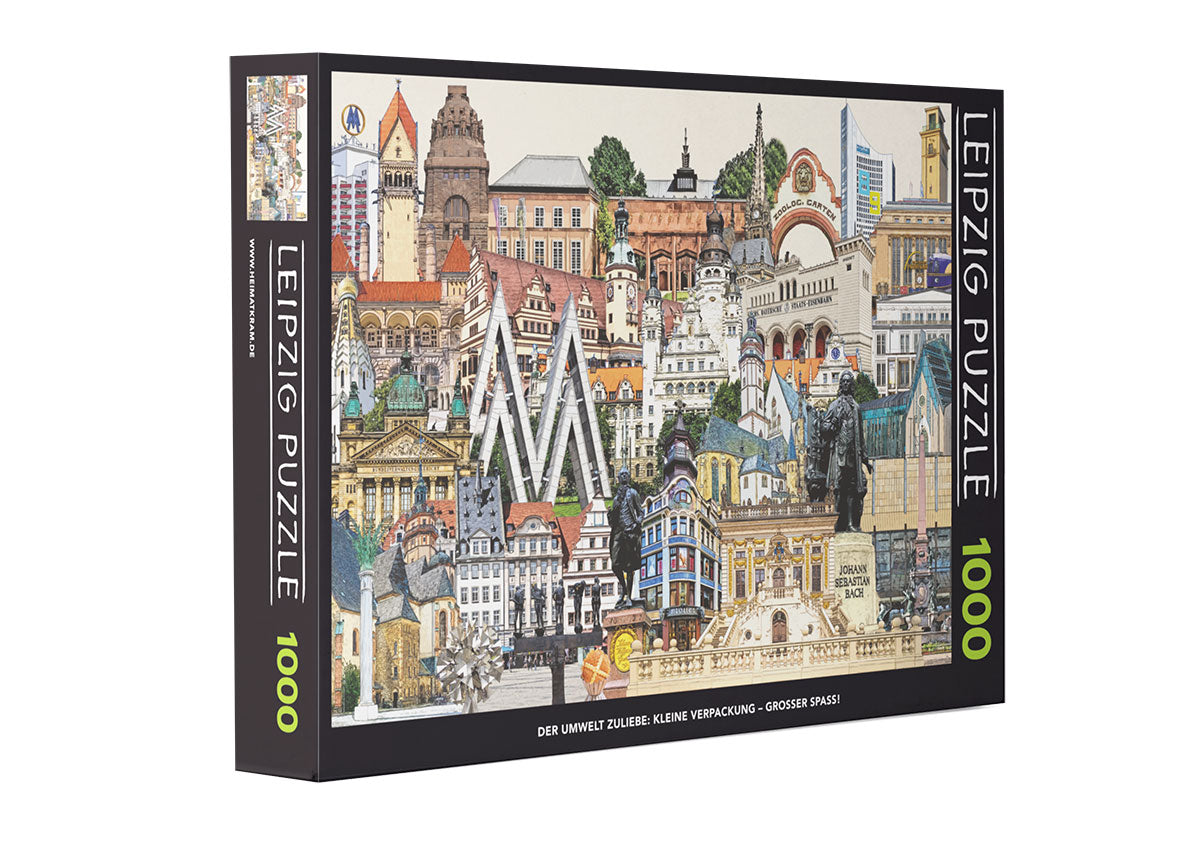 Leipzig Stadtbild von Bernd Röttgers als Puzzle mit den wichtigsten Sehenswürdigkeiten und mit 1.000 Teilen