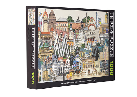Leipzig Stadtbild von Bernd Röttgers als Puzzle mit den wichtigsten Sehenswürdigkeiten und mit 1.000 Teilen